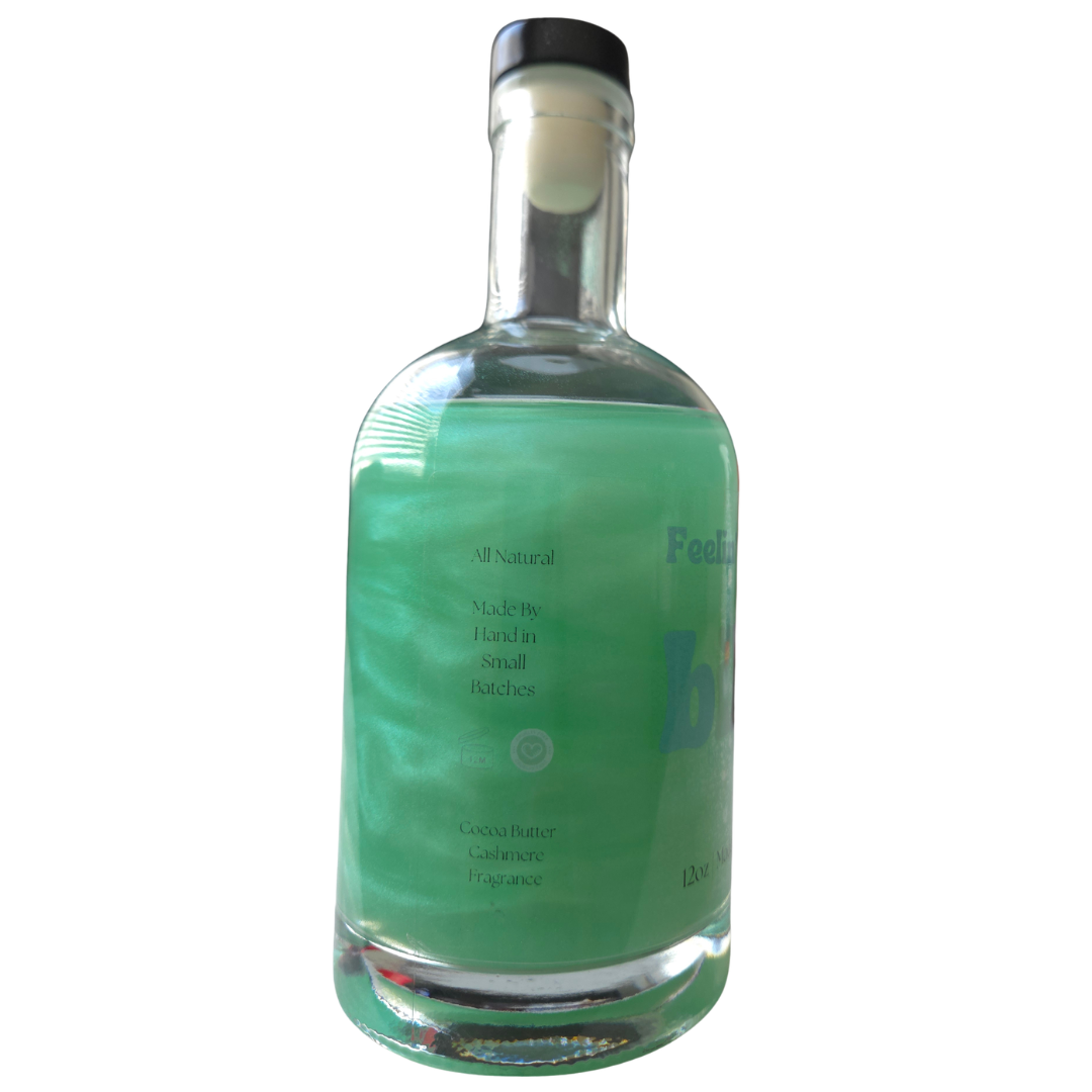 Clear bottle with green label on a white background