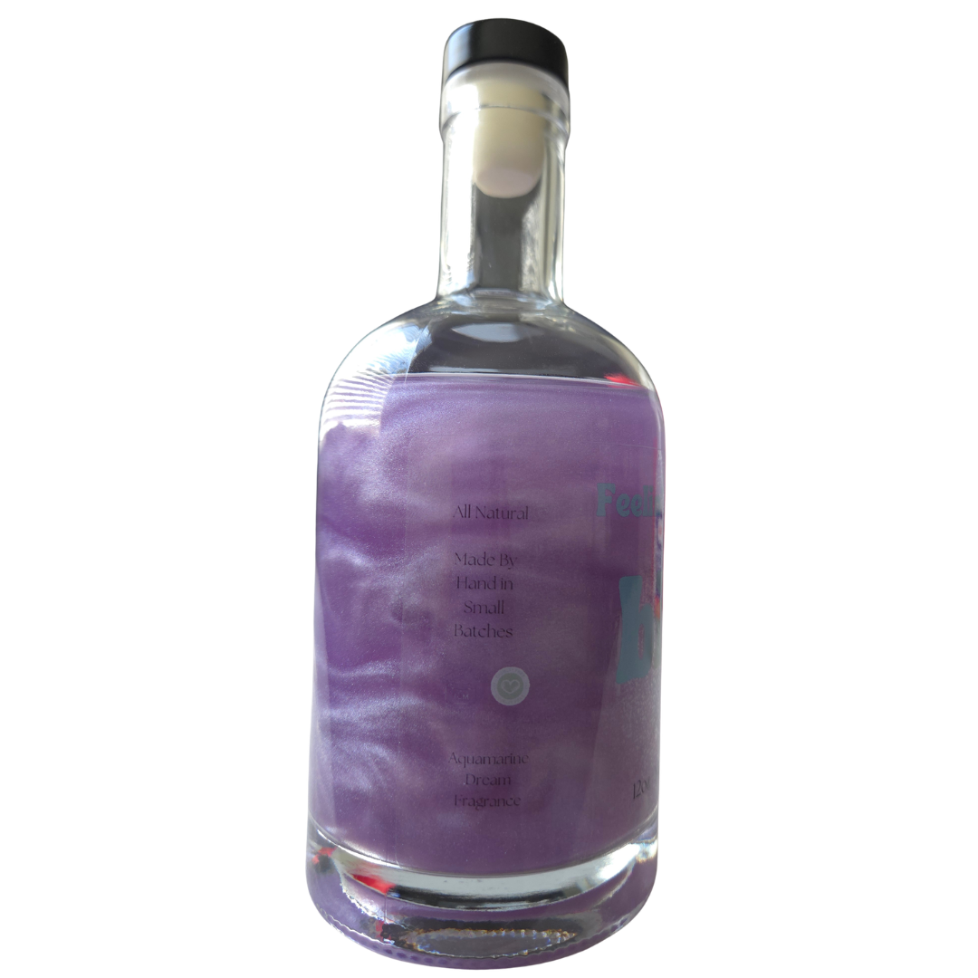 Clear bottle with a purple label on a white background