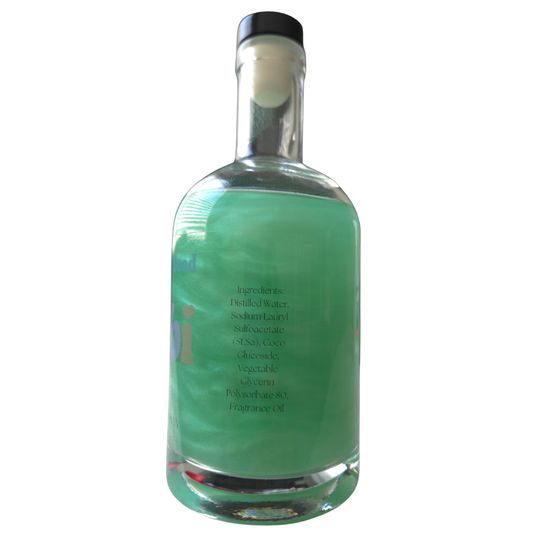 Bottle with green label on a white background