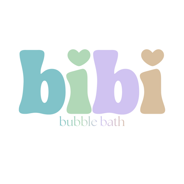 Pastel-colored 'bibi' bubble bath logo on a white background